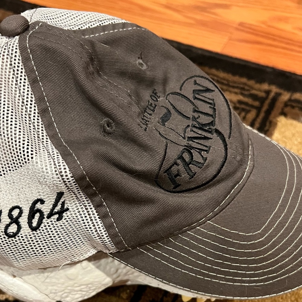 The Battle of Franklin marked on one side of the hat 1864, other side 2014.